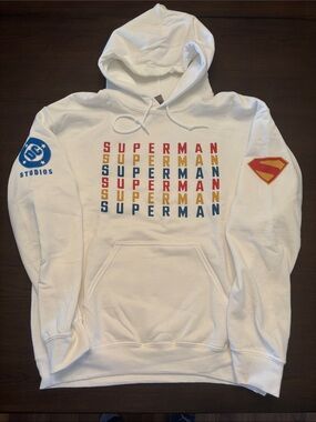 Gildan White Superman Graphic Hoodie with Red Blue Yellow Accents